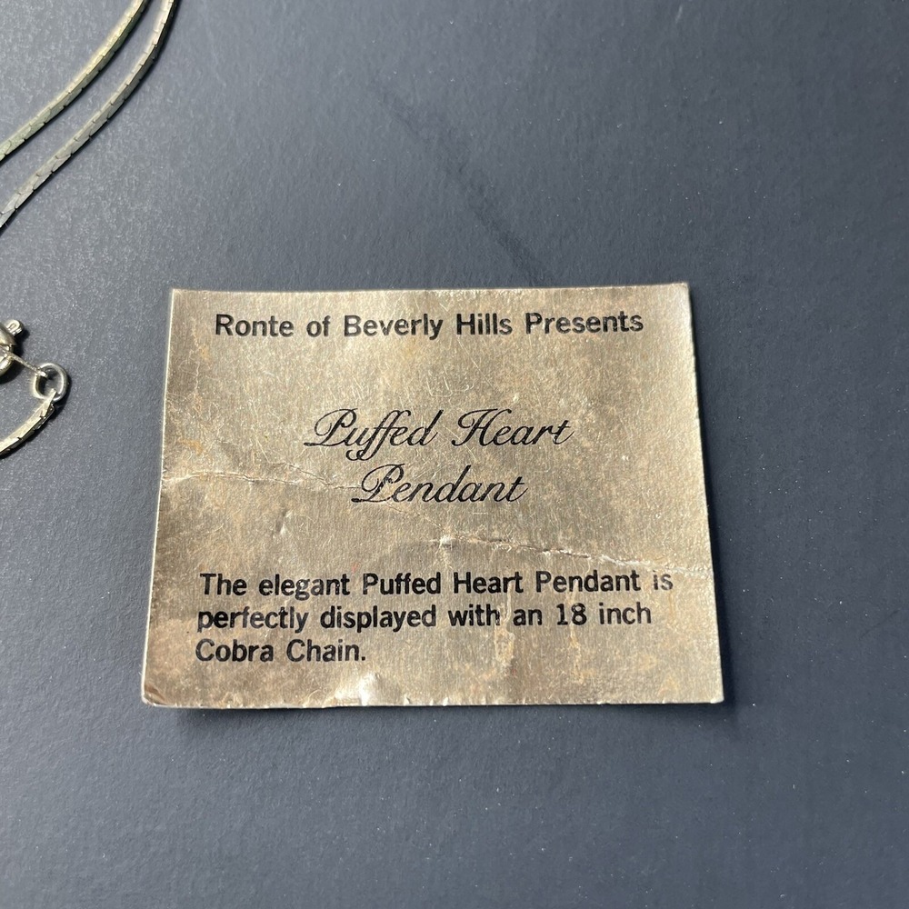 Heart Pendant‎ Necklace 18" Cobra Chain Ronte Beverly Hills Silver Tone Vtg - Picture 5 of 5